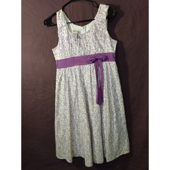 Girl's Sleeveless White Purple Floral Eyelet Easter Spring Sunday Dress Size 16